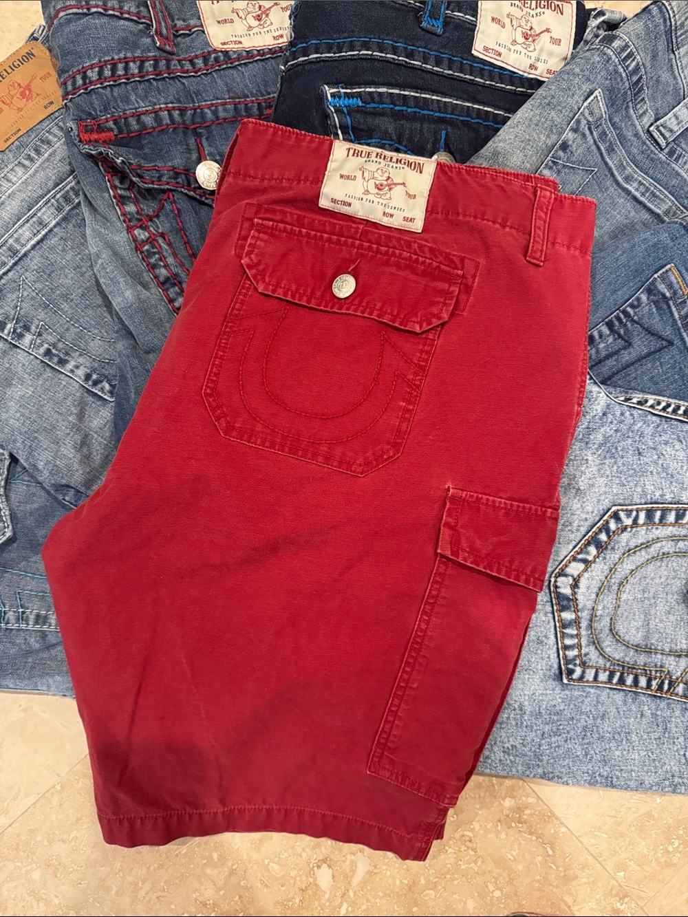 True Religion Men’s Slim Straight Jeans - Blue, Dark Blue, Olive, Red - Picture 3 of 5